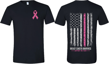 Breast Cancer Awareness Support Tee – Distressed Flag & Pink Ribbon