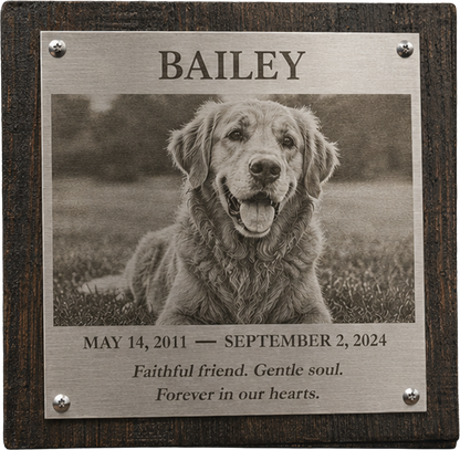 Custom Stainless Steel Photo Plaque on Reclaimed Wood