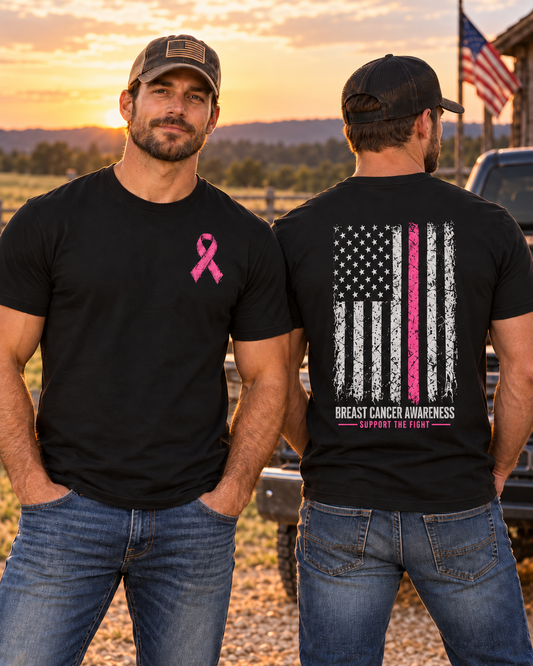 Breast Cancer Awareness Support Tee – Distressed Flag & Pink Ribbon