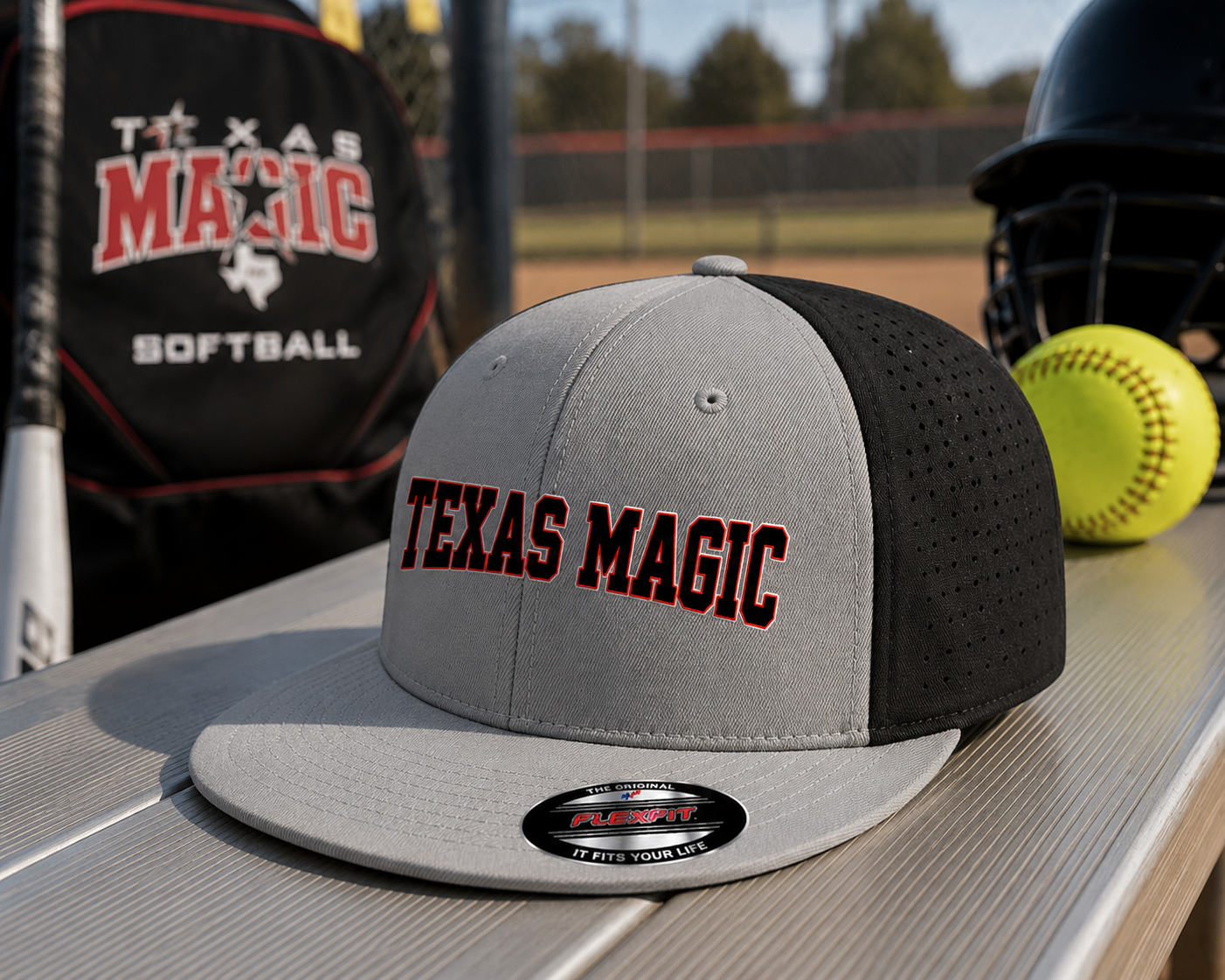 Texas Magic Flat Bill Flexfit Hat - Texas Magic Stretched Logo