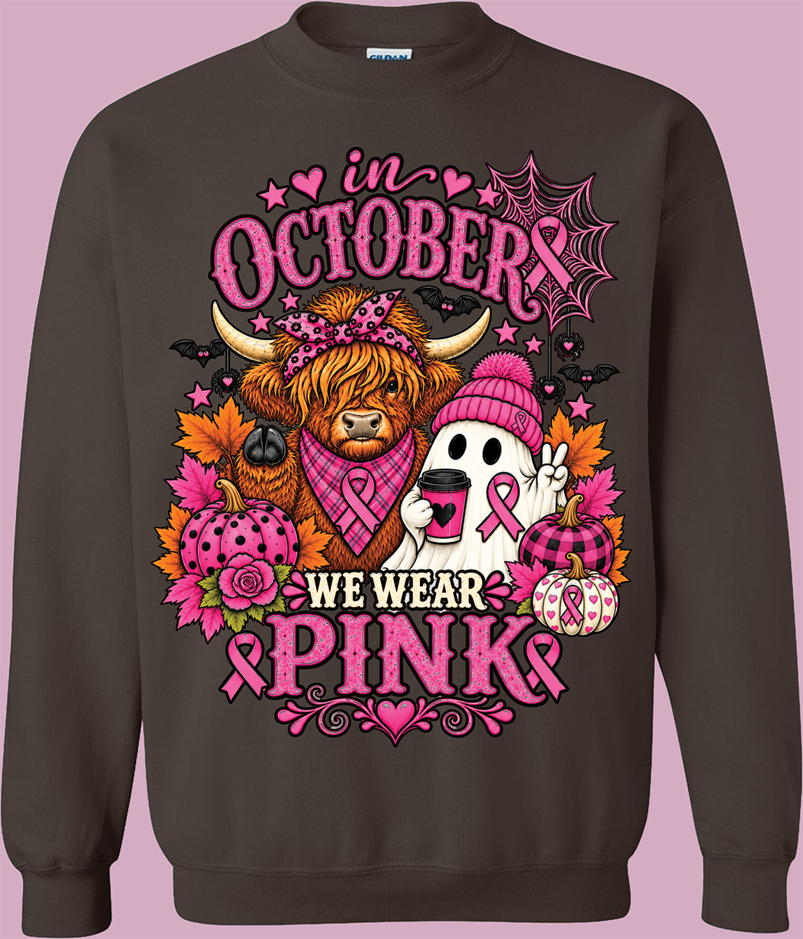 We Wear Pink Fall Sweatshirt | Highland Cow & Ghost Crewneck