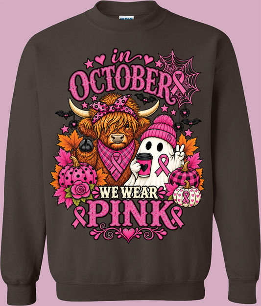 We Wear Pink Fall Sweatshirt | Highland Cow & Ghost Crewneck
