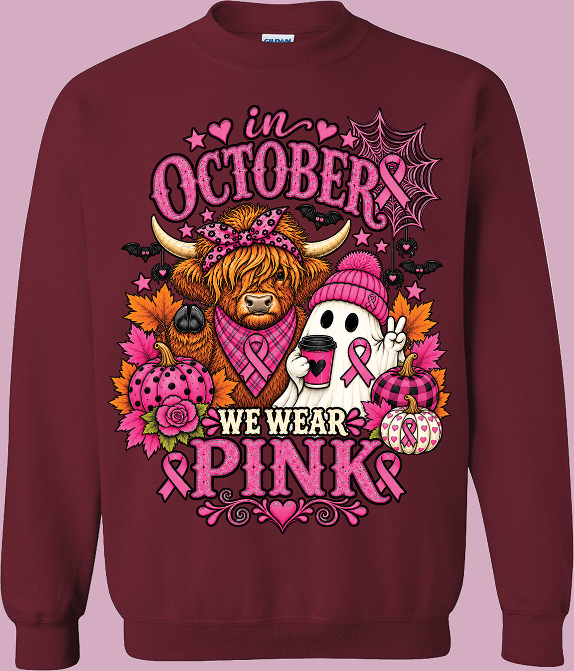 We Wear Pink Fall Sweatshirt | Highland Cow & Ghost Crewneck