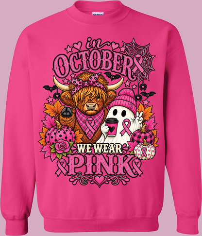 We Wear Pink Fall Sweatshirt | Highland Cow & Ghost Crewneck