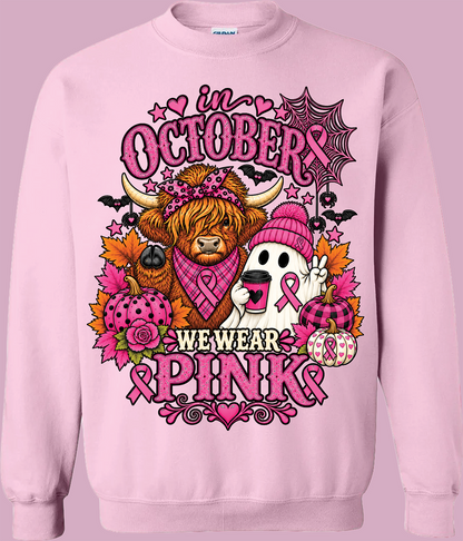 We Wear Pink Fall Sweatshirt | Highland Cow & Ghost Crewneck