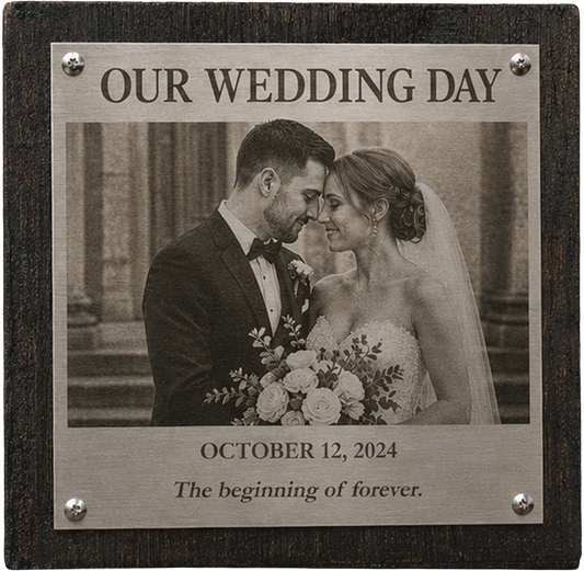 Custom Stainless Steel Photo Plaque on Reclaimed Wood